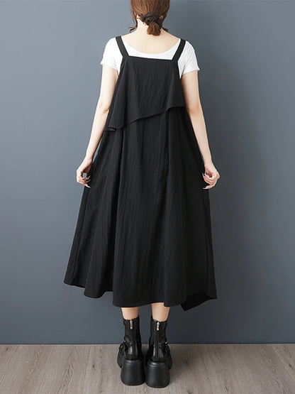 XITAO Asymmetrical Spaghetti Strap Sleeveless Dress Solid Color Pocket Patchwork Square Collar A-line Slim Women Dress ZMY1286
