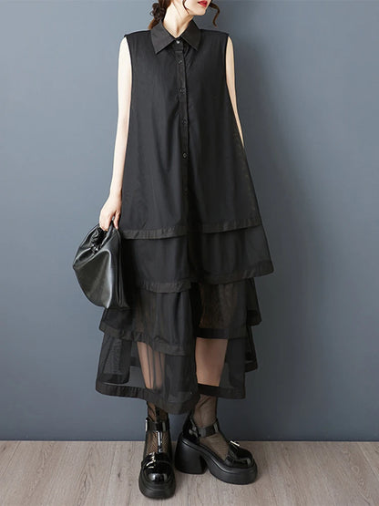 XITAO Patchwork Mesh Turn-down Collar Dress Casual A-line Sleeveless Fashion All Match Single Breasted Women Dress GYX1659