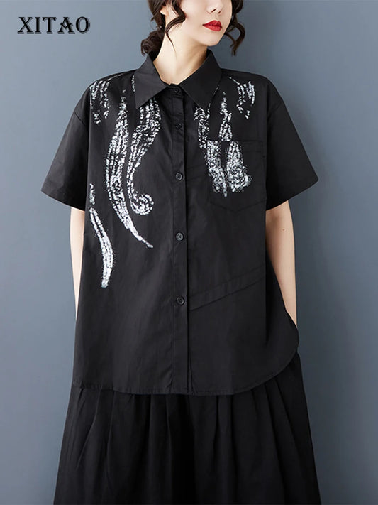 XITAO Contrast Color Print Patchwork Women Shirt Turn-down Collar Short Sleeve Vintage Loose All Match Casual Top HQQ2452