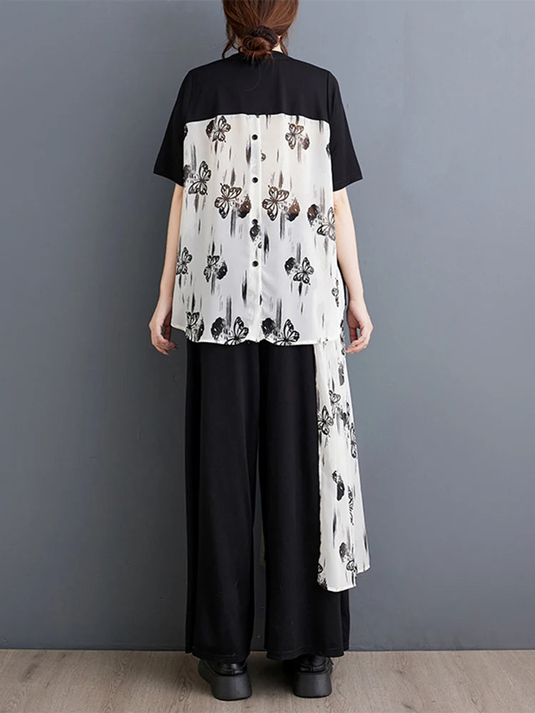 XITAO Print Patchwork Loose Sets Temperament Two-piece Short Sleeve O-neck Wide Leg Pants New Arrival All-match Sets ZMY1268