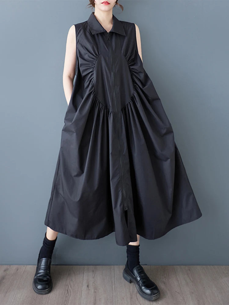XITAO Zipper Pleated Lapel Dress Casual Sleeveless Solid Color Turn-down Collar A-line New Patchwork Summer Female Dress GYX1549