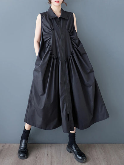 XITAO Zipper Pleated Lapel Dress Casual Sleeveless Solid Color Turn-down Collar A-line New Patchwork Summer Female Dress GYX1549