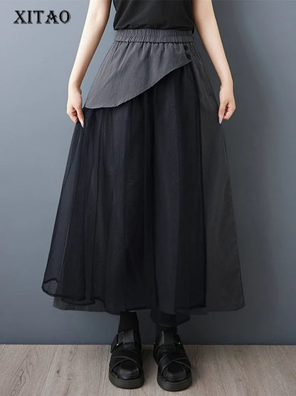 XITAO Patchwork Mesh Elastic Waist Female Pant Casual Loose Fitting New Arrival Wide Legs Fashion Summer Women Pant ZMY1321