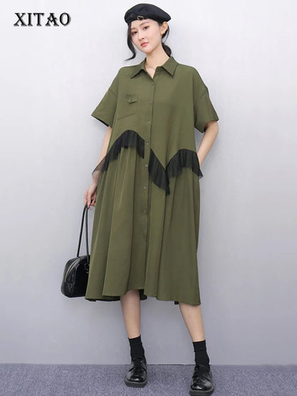 XITAO Gauze Loose Ruffles Dress Patchwork Solid Color Single Breasted New Arrival Slimming Summer Female Shirt Dress ZMY1236