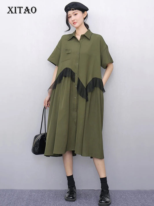 XITAO Gauze Loose Ruffles Dress Patchwork Solid Color Single Breasted New Arrival Slimming Summer Female Shirt Dress ZMY1236