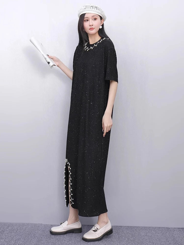 XITAO Embroidered Flares Patchwork Asymmetrical Dress Solid Color O-neck Pullover Slimming All Match Temperament Dress ZMY1186