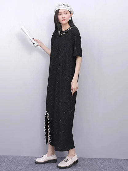 XITAO Embroidered Flares Patchwork Asymmetrical Dress Solid Color O-neck Pullover Slimming All Match Temperament Dress ZMY1186