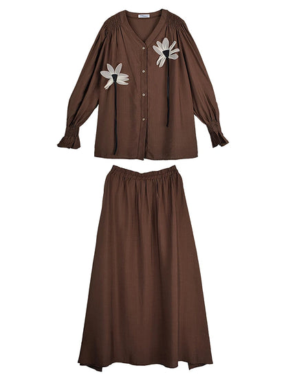 XITAO Flower Single Breasted V-neck Matching Set Casual Solid Color Full Sleeve Loose Fitting Elastic Waist Women Set GYX1632