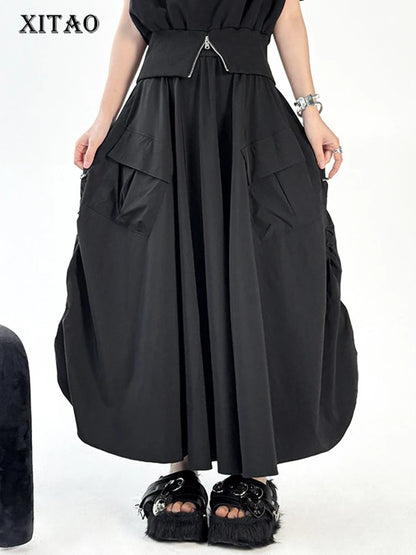XITAO Bud Pocket Elastic Waist Skirt Casual Loose Fitting A-line Hong Kong New Personality Solid Color Women Skirt ZMY1329
