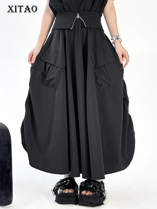 XITAO Bud Pocket Elastic Waist Skirt Casual Loose Fitting A-line Hong Kong New Personality Solid Color Women Skirt ZMY1329
