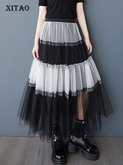 XITAO Gauze Patchwork Contrast Color A-line Skirt Elastic Waist Loose Temperament Casual Slimming Summer Women Skirt ZMY1065