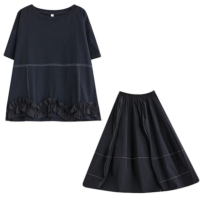 XITAO Patchwork Ruffles O-neck Matching Female Set Casual Solid Color A-line Pullover New Arrival Bud Summer Women Set GYX1575