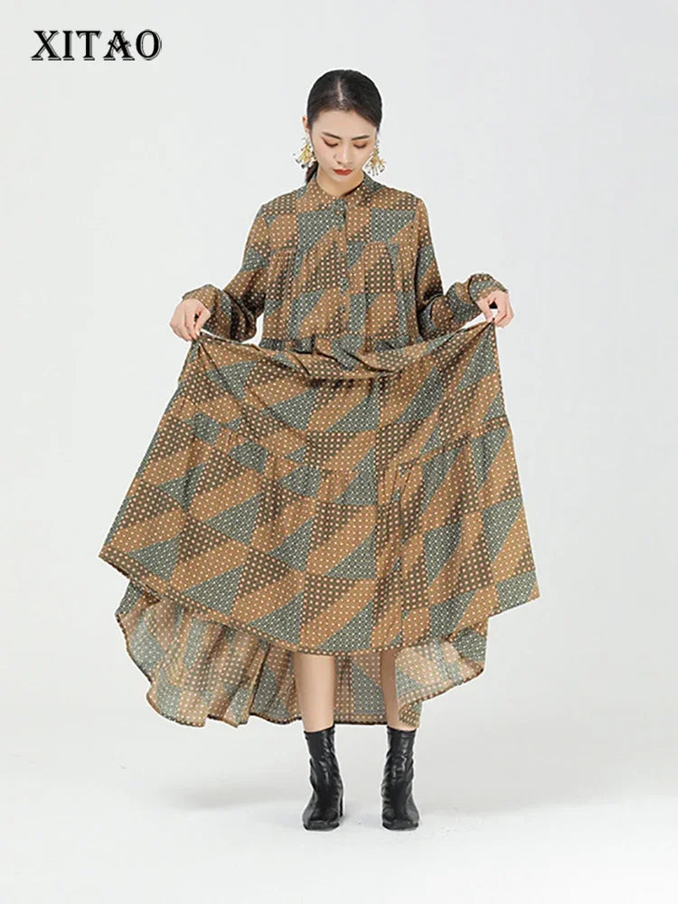 XITAO New Vintage Print Dress Fashion Contrast Color Splicing O neck Collar Long Sleeve Loose Women Casual All-match ZY4675
