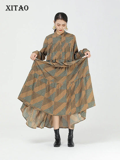 XITAO New Vintage Print Dress Fashion Contrast Color Splicing O neck Collar Long Sleeve Loose Women Casual All-match ZY4675