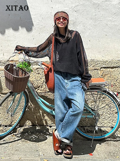 XITAO Mesh Hooded Shirring Hollow Out Women Blouse Solid Color Pullover Loose Slimming Tops 2024 Summer New Fashion GJ2022