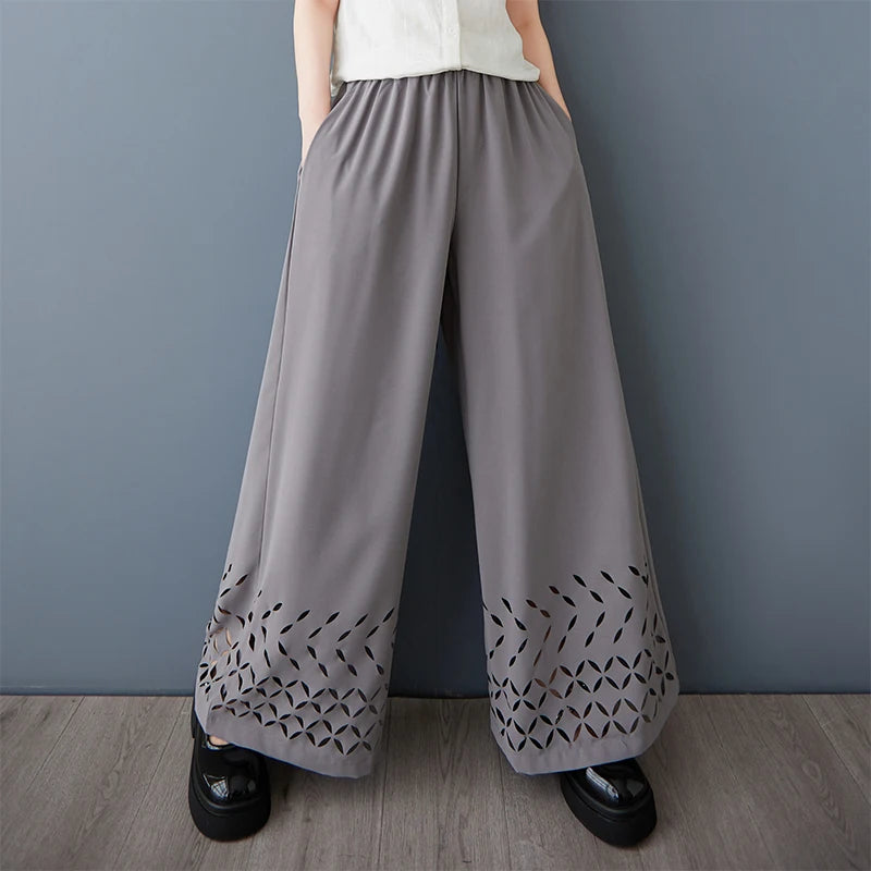 XITAO Hollow Out Wide-leg Elastic Waist Pant Casual Solid Color Slimming Korea New Arrival Personality Spring Women Pant GYX1525