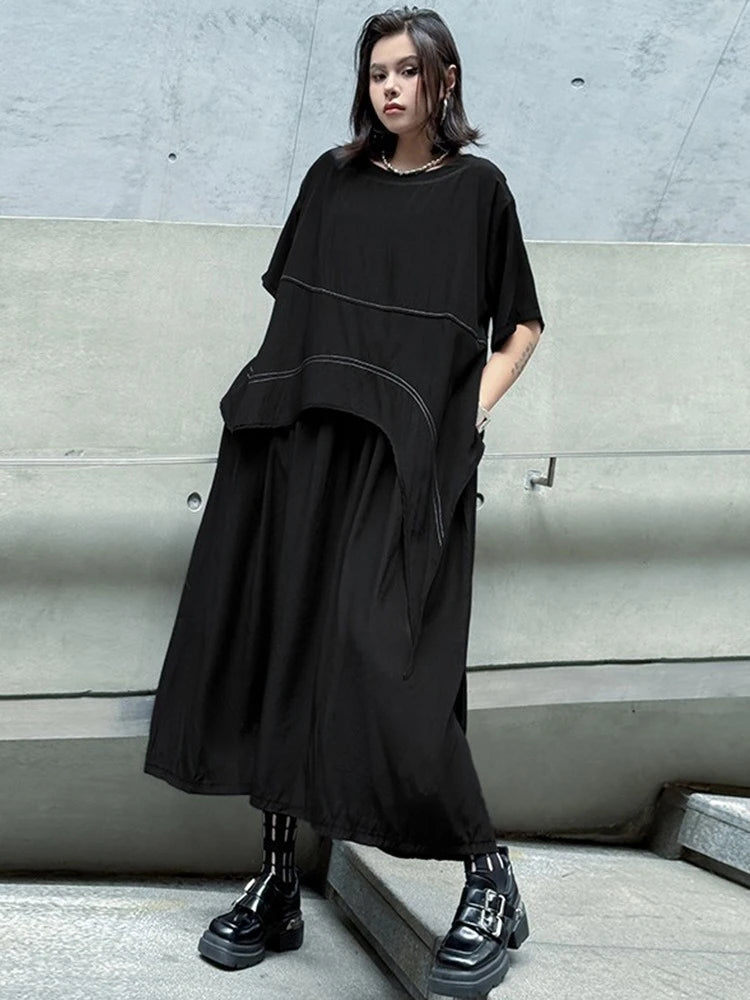 XITAO Patchwork Solid Color Loose Dress O-neck Short Sleeve A-line Pullover Slimming Temperament Summer Woman Dress ZMY1379