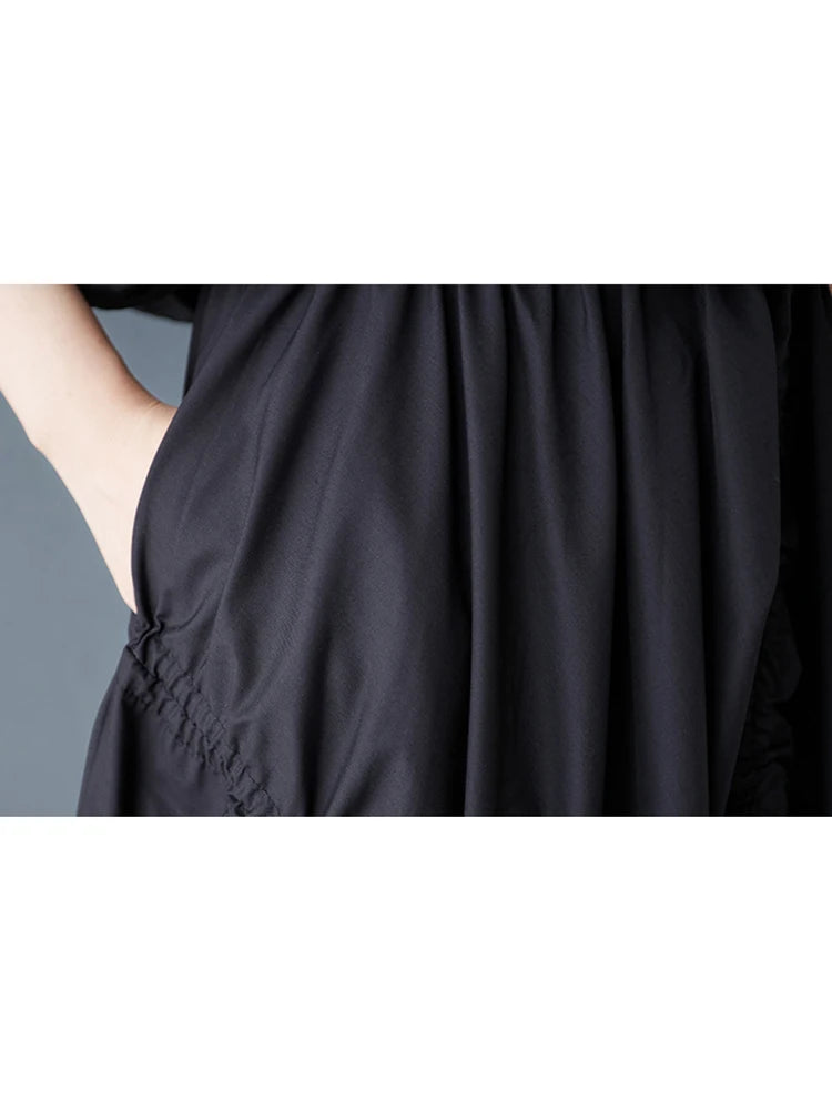 XITAO Shirring Bandage Asymmetrical Pocket Skirt Solid Color Patchwork Elastic Waist A-line Mid-calf Casual Slim Skirt HQQ2462
