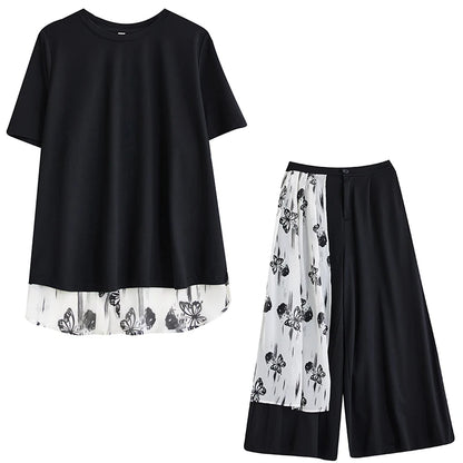 XITAO Print Patchwork Loose Sets Temperament Two-piece Short Sleeve O-neck Wide Leg Pants New Arrival All-match Sets ZMY1268