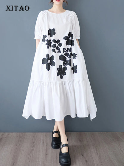 XITAO Asymmetrical Patchwork Print Folds Dress O-neck Pullover Short Sleeve Loose A-line Slimming Casual All Match GYX1623