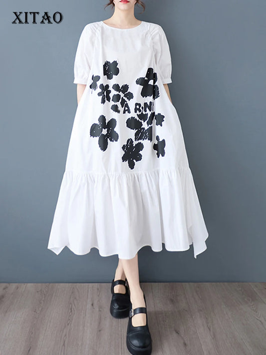 XITAO Asymmetrical Patchwork Print Folds Dress O-neck Pullover Short Sleeve Loose A-line Slimming Casual All Match GYX1623