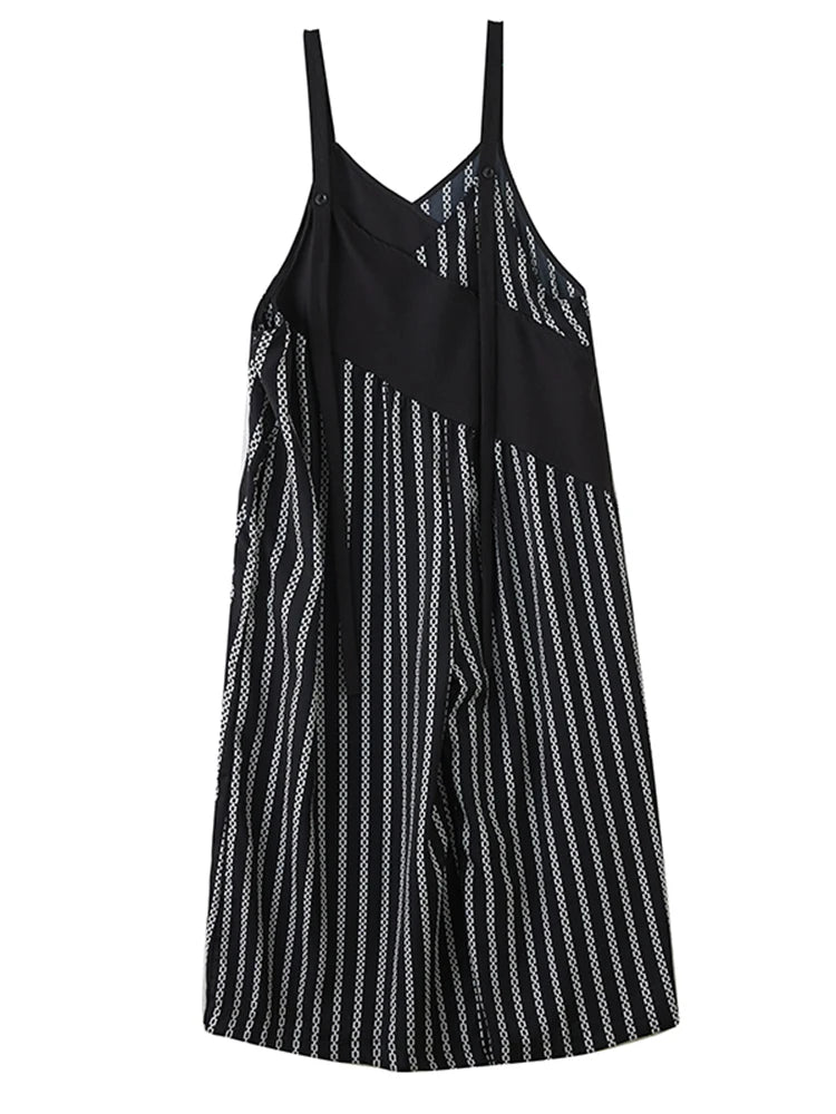 XITAO Contrast Color Patchwork Print Jumpsuits Lace-up V-neck Sleeveless Loose Personality Casual Wide Leg Pants GYX1622