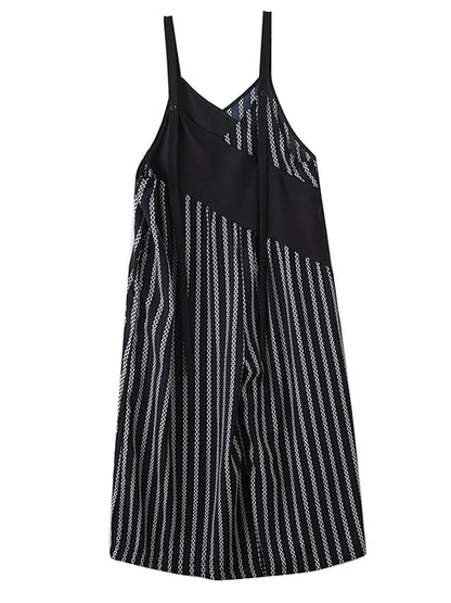 XITAO Contrast Color Patchwork Print Jumpsuits Lace-up V-neck Sleeveless Loose Personality Casual Wide Leg Pants GYX1622