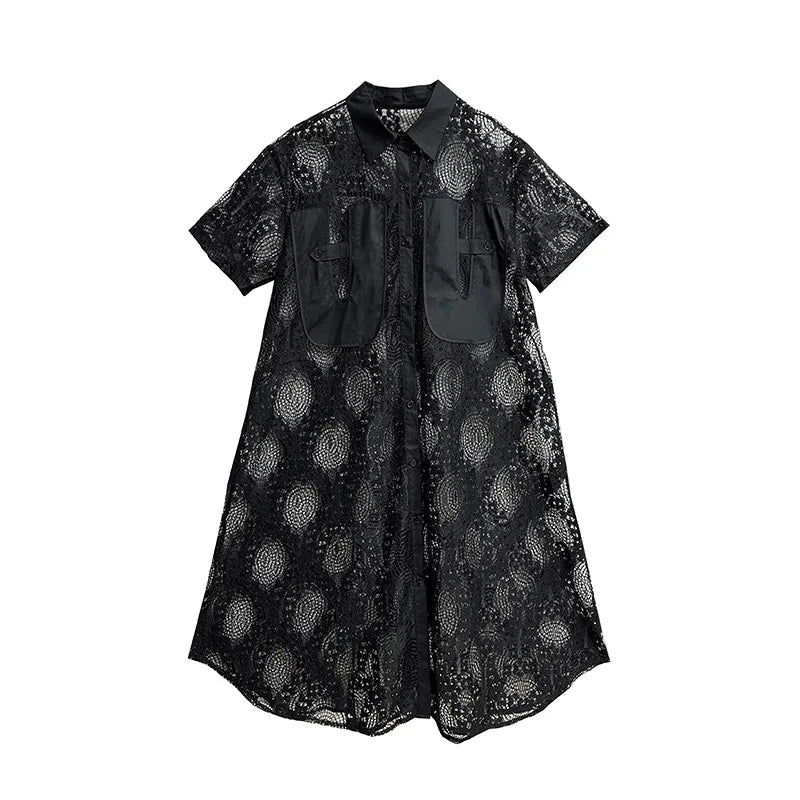 XITAO Hollow Out Embroidery Shirt Dress Solid Color Vintage Lace Perspective Dress Personality Summer New Women DMJ4131