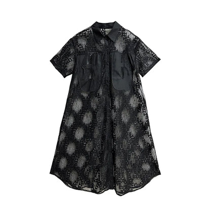 XITAO Hollow Out Embroidery Shirt Dress Solid Color Vintage Lace Perspective Dress Personality Summer New Women DMJ4131