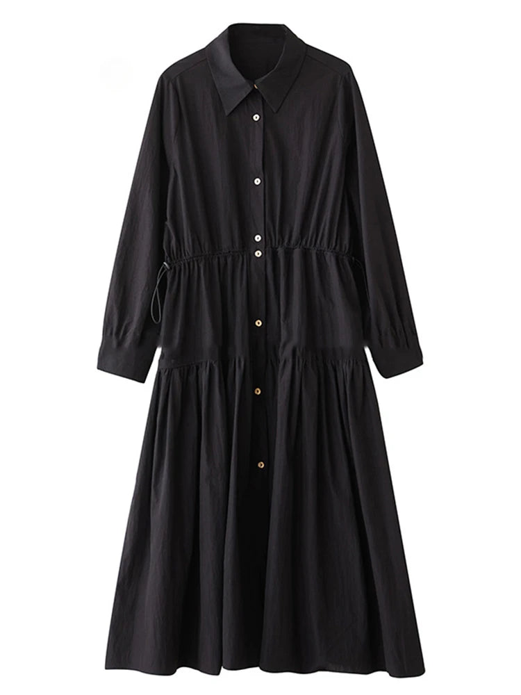 XITAO Single Breasted Pocket Dress Solid Color Turn-down Collar Patchwork Long Sleeve Loose Slimming Temperament Dress GYX1511