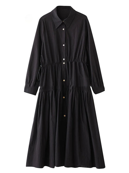 XITAO Single Breasted Pocket Dress Solid Color Turn-down Collar Patchwork Long Sleeve Loose Slimming Temperament Dress GYX1511