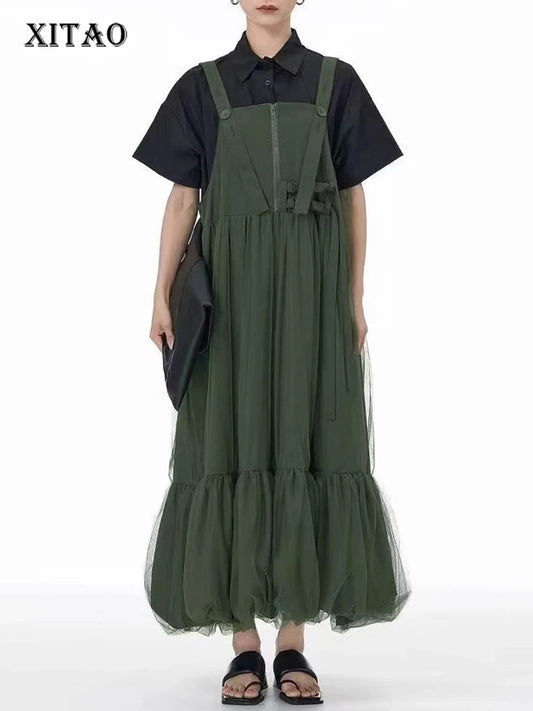 XITAO Button Gauze Patchwork Dress Solid Color Spaghetti Strap Square Collar Temperament Slimming Summer Woman Dress  HQQ2495