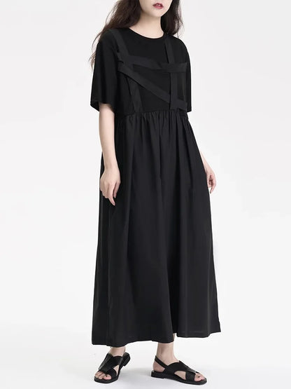 XITAO Bandage O-neck Pleated Dress Short Sleeve Casual Loose Fitting Simple Pullover Slimming A-line Summer Women Dress ZMY1206
