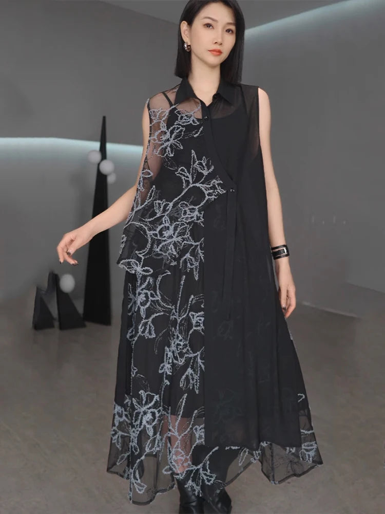 XITAO Asymmetrical Patchwork Print Turn-down Collar Dress Set Casual A-line Loose Fitting Sleeveless Summer Women Set ZMY1285