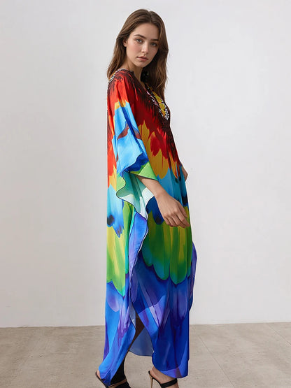 XITAO V-neck Patchwork Printing Dress Summer Thin Female Bat Sleeve Pullover Casual Polyester Women Personality Dress GJ1212