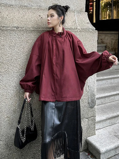 XITAO Vintage Solid Color Loose Coat Female Bat Sleeve Patchwork O-neck Zipper Pocket Fashion All Match Casual Jacket ZYY1076