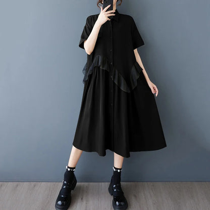 XITAO Single Breasted Mesh Patchwork Dress Turn-down Collar Casual Solid Color Short Sleeve A-line Summer Women Dress ZMY1198