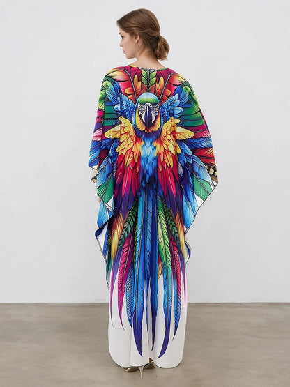 XITAO Feather Print Pullover Loose Dress Bat Wing Sleeve V-neck Vintage Side Slit A-line Casual Summer Woman Trend Dress GJ1176