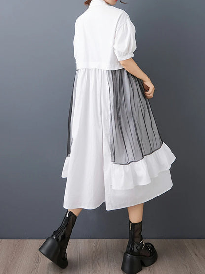 XITAO Patchwork Gauze Irregular Female Dress Turn-down Collar Single Breasted Loose Ruffles Summer Woman Shirt Dress ZMY1229