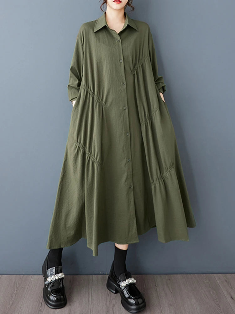 XITAO Pleated Single Breasted Lapel Dress Casual Turn-down Collar Full Sleeve A-line Solid Color Spring Women Dress GYX1542