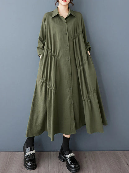 XITAO Pleated Single Breasted Lapel Dress Casual Turn-down Collar Full Sleeve A-line Solid Color Spring Women Dress GYX1542