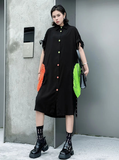XITAO Contrast Color Pocket Rivet Patchwork Women Dress Shirring Short Sleeve Turn-down Collar Temperament Shirt Dress ZY8942