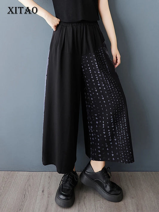 XITAO Print Patchwork Pocket Elastic Waist Pants Contrast Color Loose All Match Casual Slimming Summer Wide Leg Pants HQQ2482