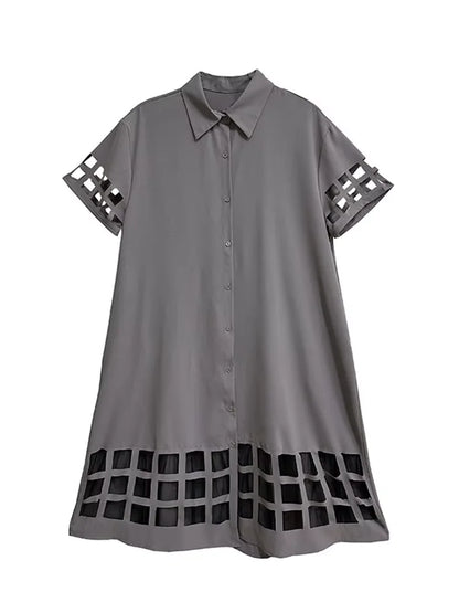 XITAO Hollow Out Patchwork Gauze Short Sleeve Dress Solid Color Turn-down Collar Loose Casual Mid-calf Slimming Dress GYX1621