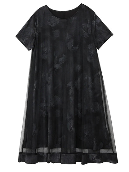 XITAO Loose Mesh Patchwork Print Female Dress Fashion Elegant Trend A-line Women Short Sleeve O-neck Pullover Dress ZMY1250