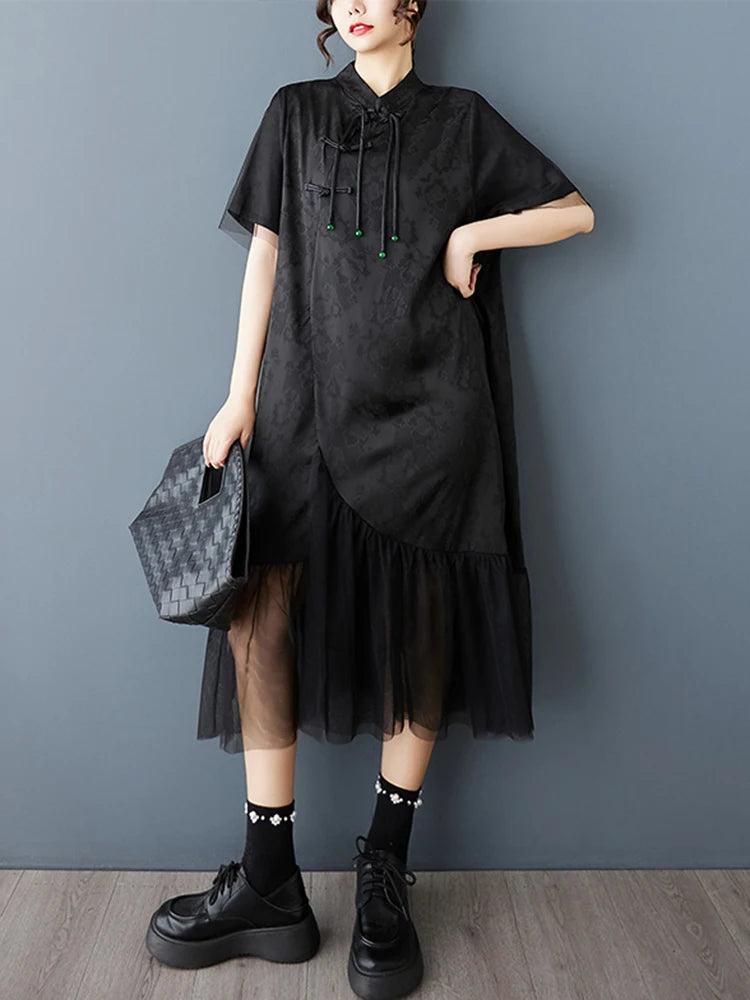 XITAO Loose Mesh Patchwork Female Dress Casual Vintage Tassel Women Summer Short Sleeve Irregular Goddess Fan Dress HQQ2480