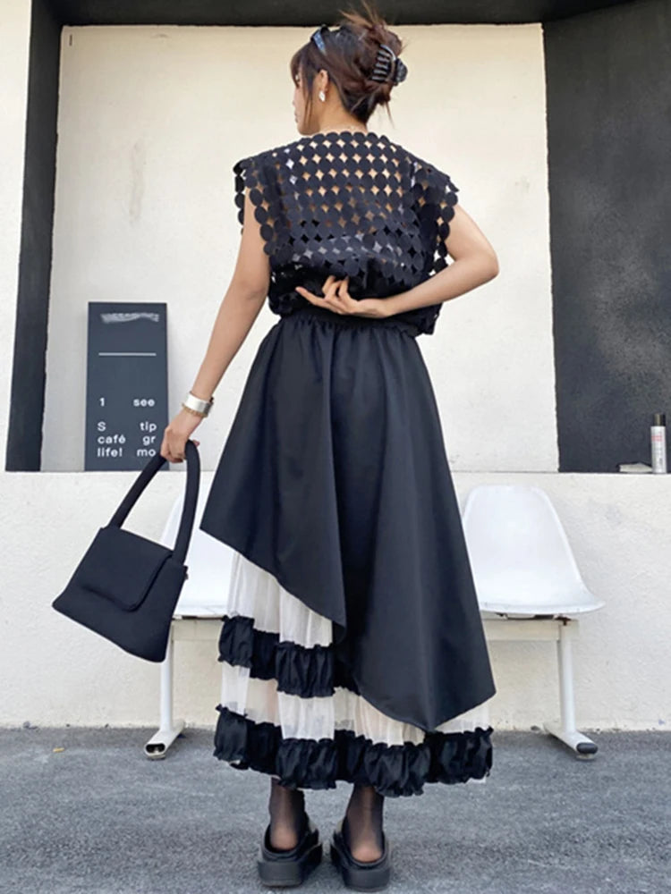 XITAO Vintage Mesh Patchwork Skirt Fashion All-match Asymmetric Women Loose Korea Trend Elastic Waist A-line Skirt GYX1612