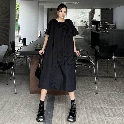 XITAO Three-dimensional Decoration Patchwork Dresses Solid Color O-neck Short Sleeve Pullover Loose Slimming 2024 Summer ZY8827