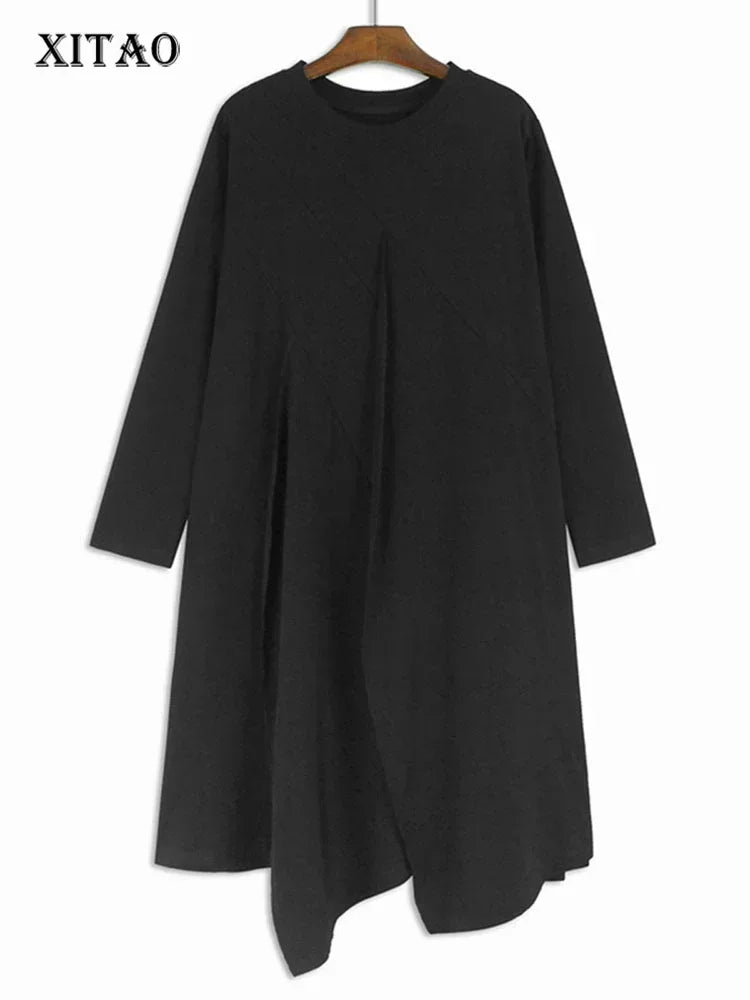 XITAO Gauze Patchwork Pocket Dress Solid Color O-neck Long Sleeve Pullover Loose Casual Slimming Dresses 2025 Spring New GJ1098