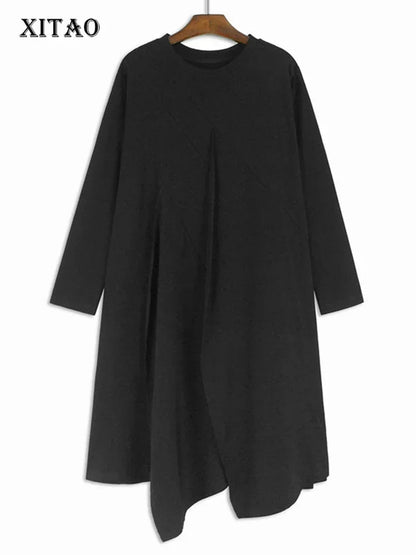 XITAO Gauze Patchwork Pocket Dress Solid Color O-neck Long Sleeve Pullover Loose Casual Slimming Dresses 2025 Spring New GJ1098